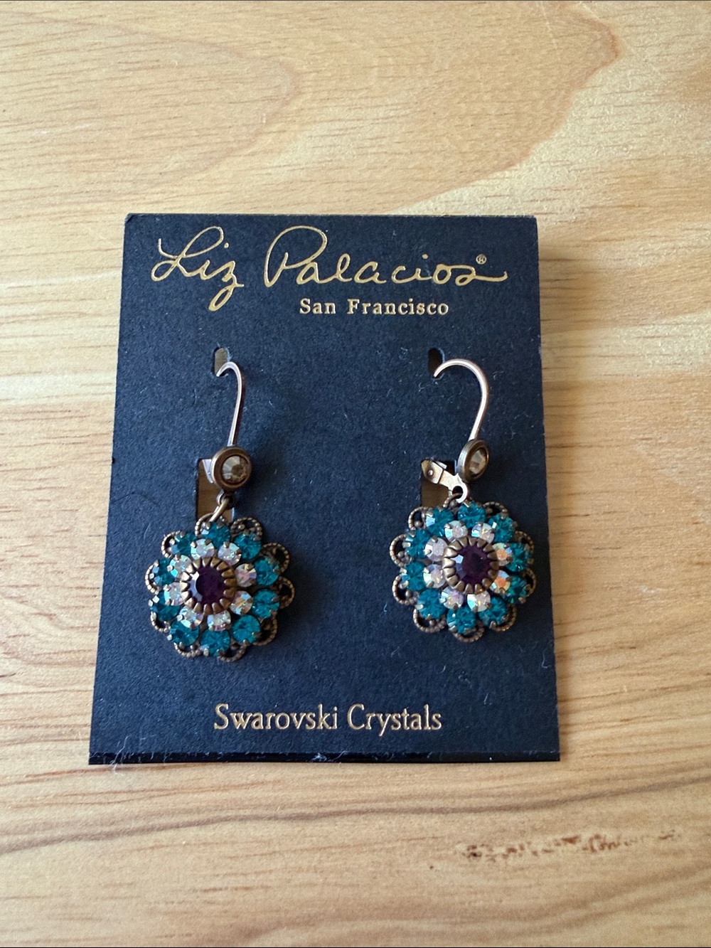 Liz Palacios Teal Floral Swarovski Crystal Drop Earrings